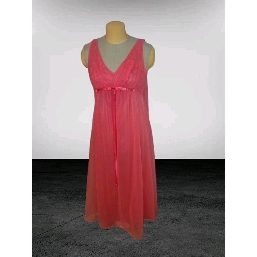 Vintage 70s Sheer Coral Nylon Nightgown 36 USA Retro Boudoir Lingerie
